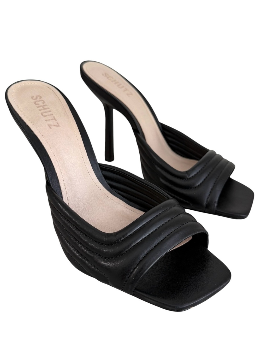 Schutz Addeline Quilted Mules Black Size 8.5 High Heel Leather Square Toe